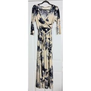 Hello Mia Dress Womens‎ Size M Cream & Blue Floral Belted Maxi V-Neck Pre-owned